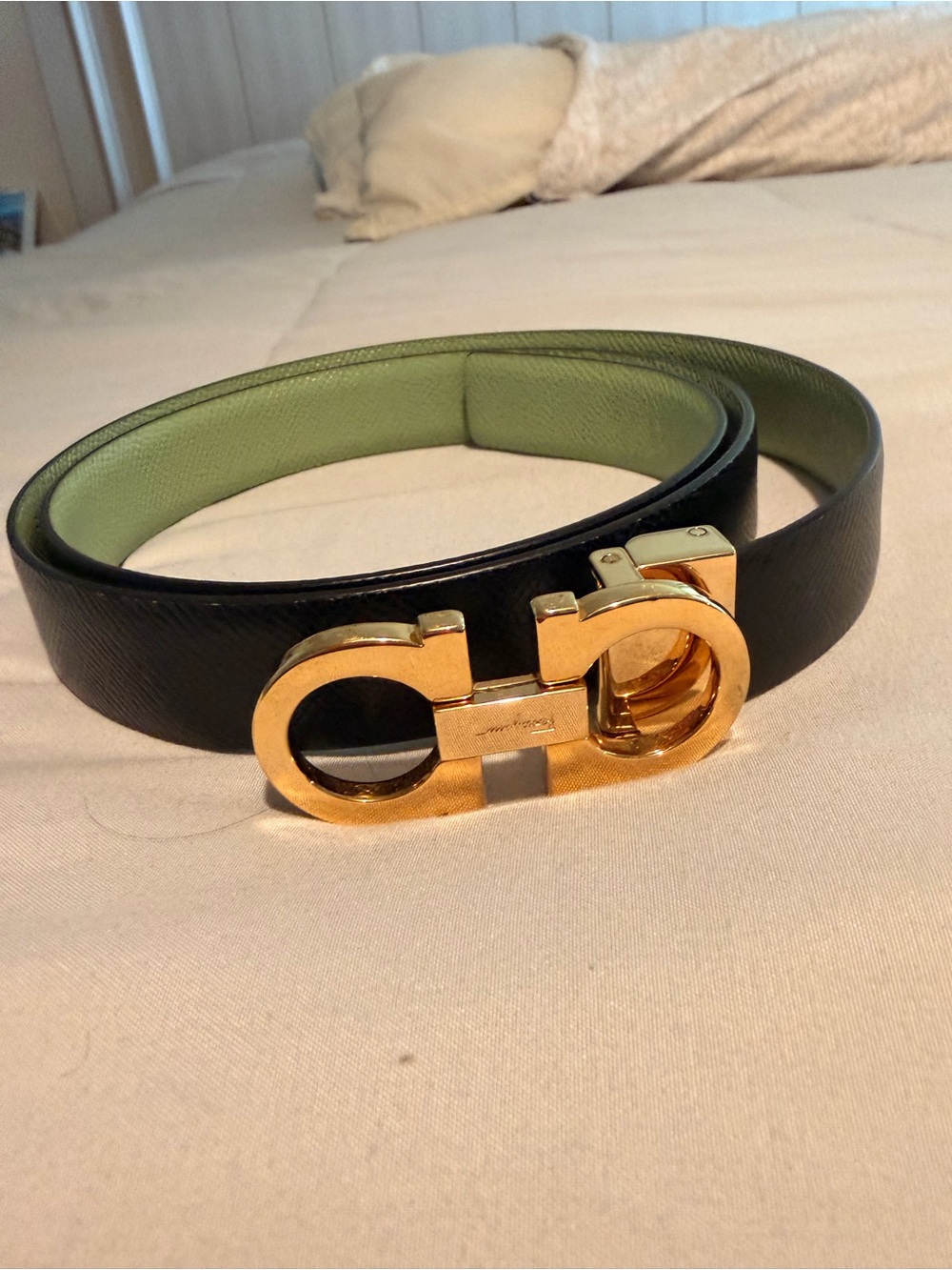 Salvatore Ferragamo Gold Buckle Black Leather reversible belt  39 inch